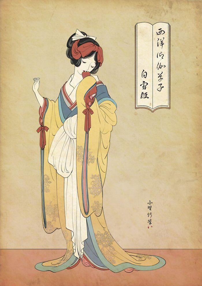 日本画师绘制浮世绘风迪士尼公主与众多动漫acg角色